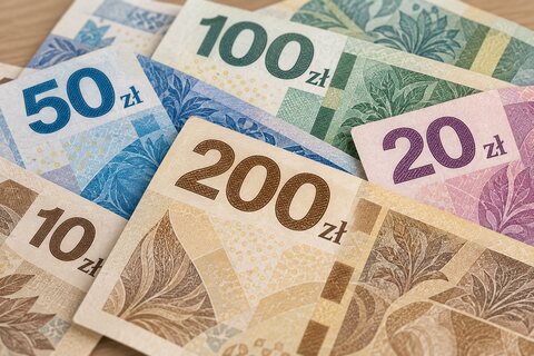 Ilustracja polskich banknotów złotowych. Grafika przygotowana na potrzeby serwisu.